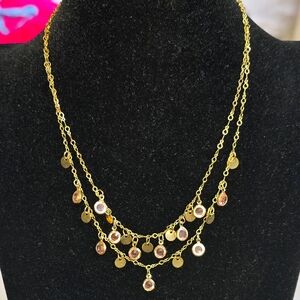 Double Strand Gold Necklace With Pink Stones